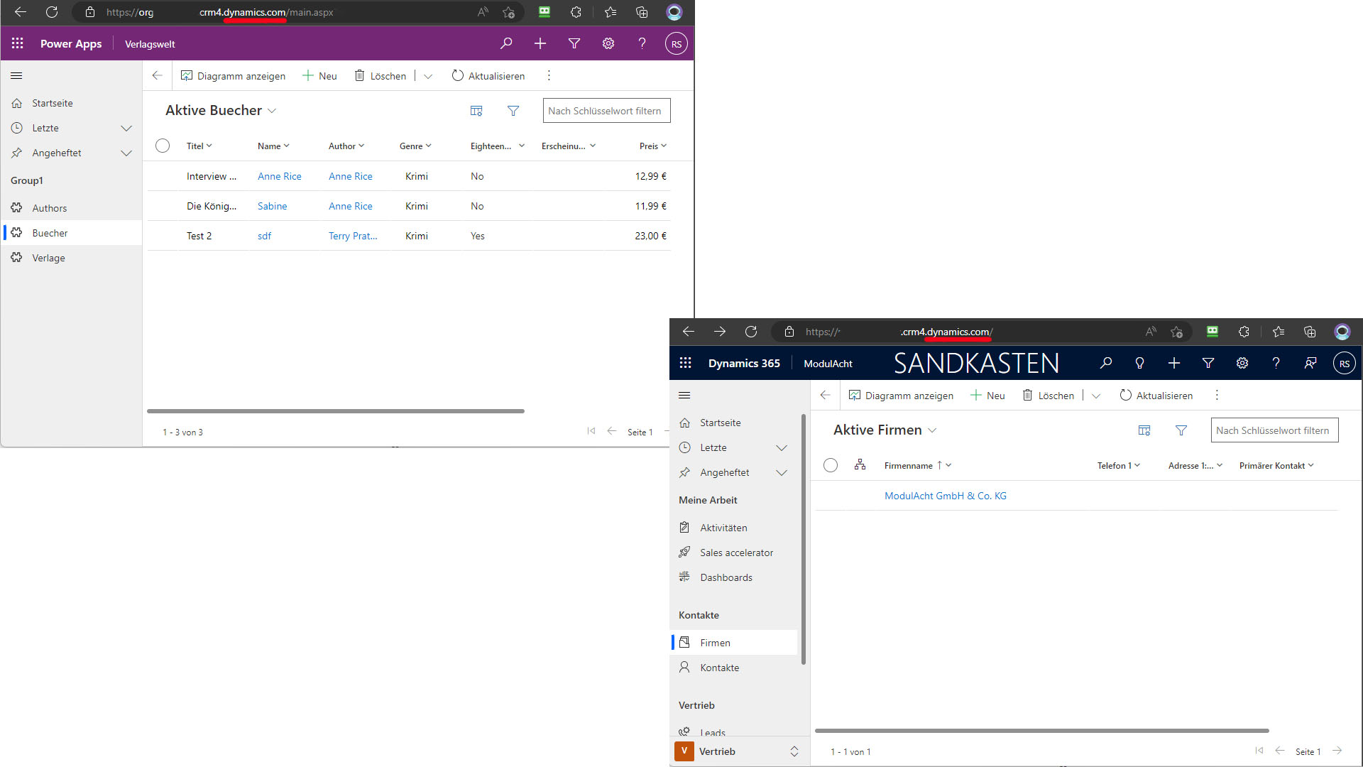 Vergleichs-Screenshot, der zwei Browserfenster zeigt: Links eine Model-driven Power App ('Aktive Buecher') und rechts eine Dynamics 365-Anwendung ('Aktive Firmen'). Ein roter Kasten hebt hervor, dass beide Anwendungen auf derselben Domain, https://www.google.com/url?sa=E&source=gmail&q=crm4.dynamics.com, laufen.