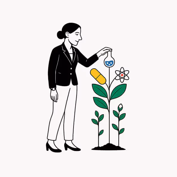 Professional woman watering a plant with structured shapes representing process, systems, and strategic growth
