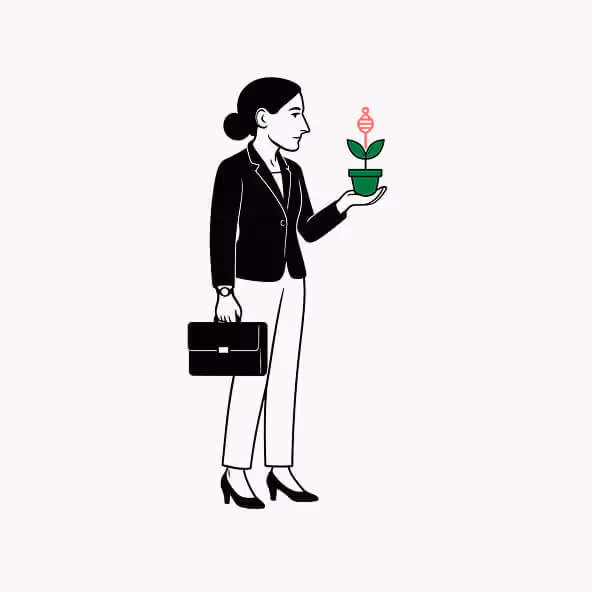 Professional woman holding a briefcase and offering a small blooming plant symbolizing trust and partnership