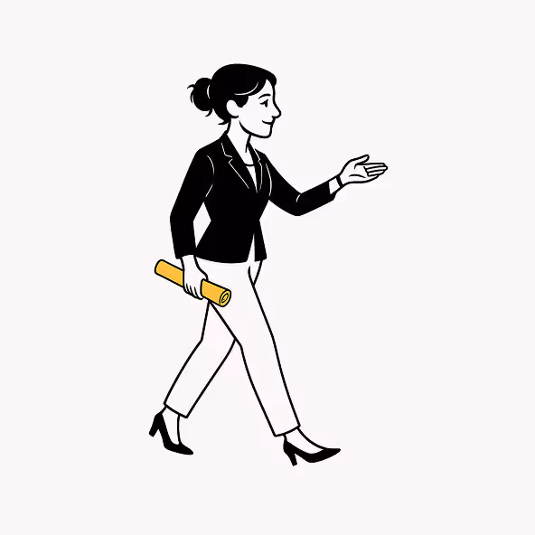 Illustration of a woman walking confidently holding a folder symbolizing progress and professionalism