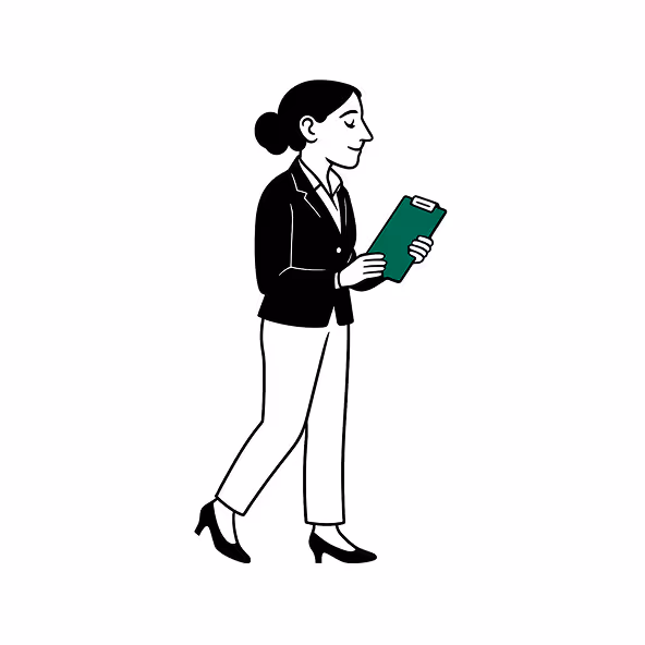 Illustration of a woman walking while reviewing notes on a clipboard representing planning and setup