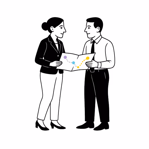 Illustration of two professionals reviewing a document together representing discovery and strategy