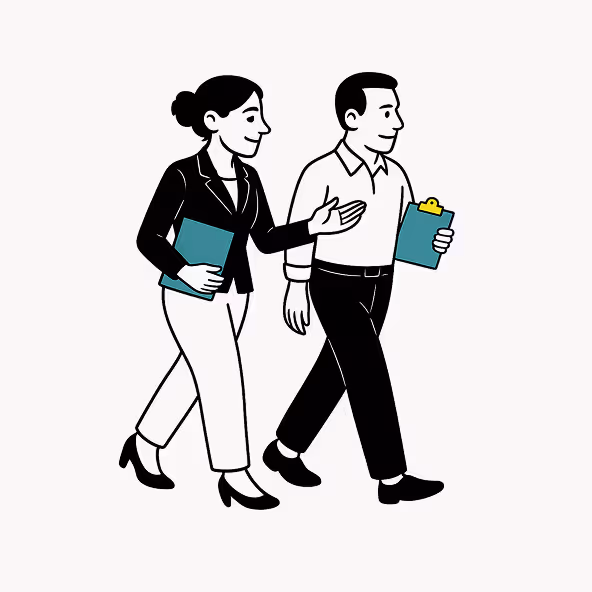 Illustration of two professionals walking together reviewing notes representing precision and shared focus