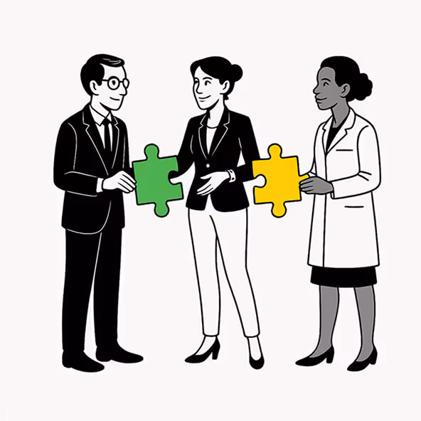 Illustration of three colleagues holding interlocking puzzle pieces representing teamwork and model integration