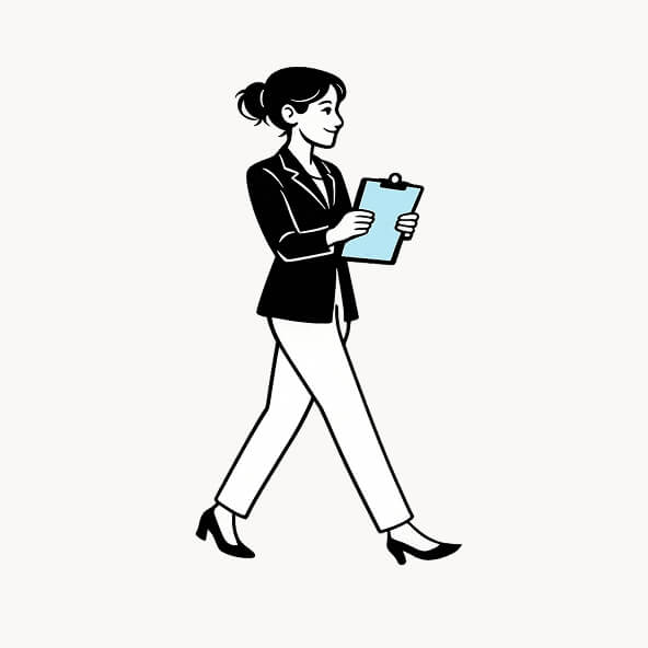 Illustration of a clinical consultant walking confidently while reviewing information on a clipboard.