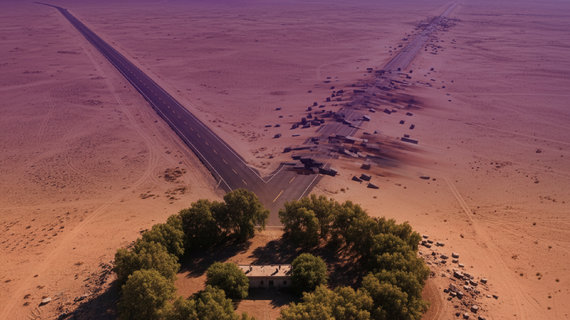 Strada che si biforca nel deserto: un percorso è integro, l’altro appare frammentato e distorto, a rappresentare decisioni divergenti e l’impatto di informazioni inaffidabili.