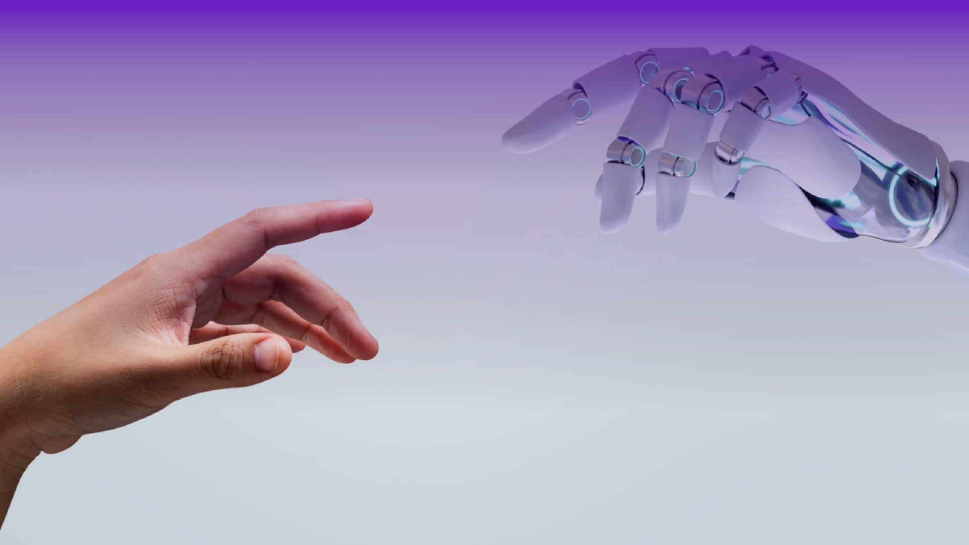 Mano umana e mano robotica che si avvicinano su sfondo sfumato viola