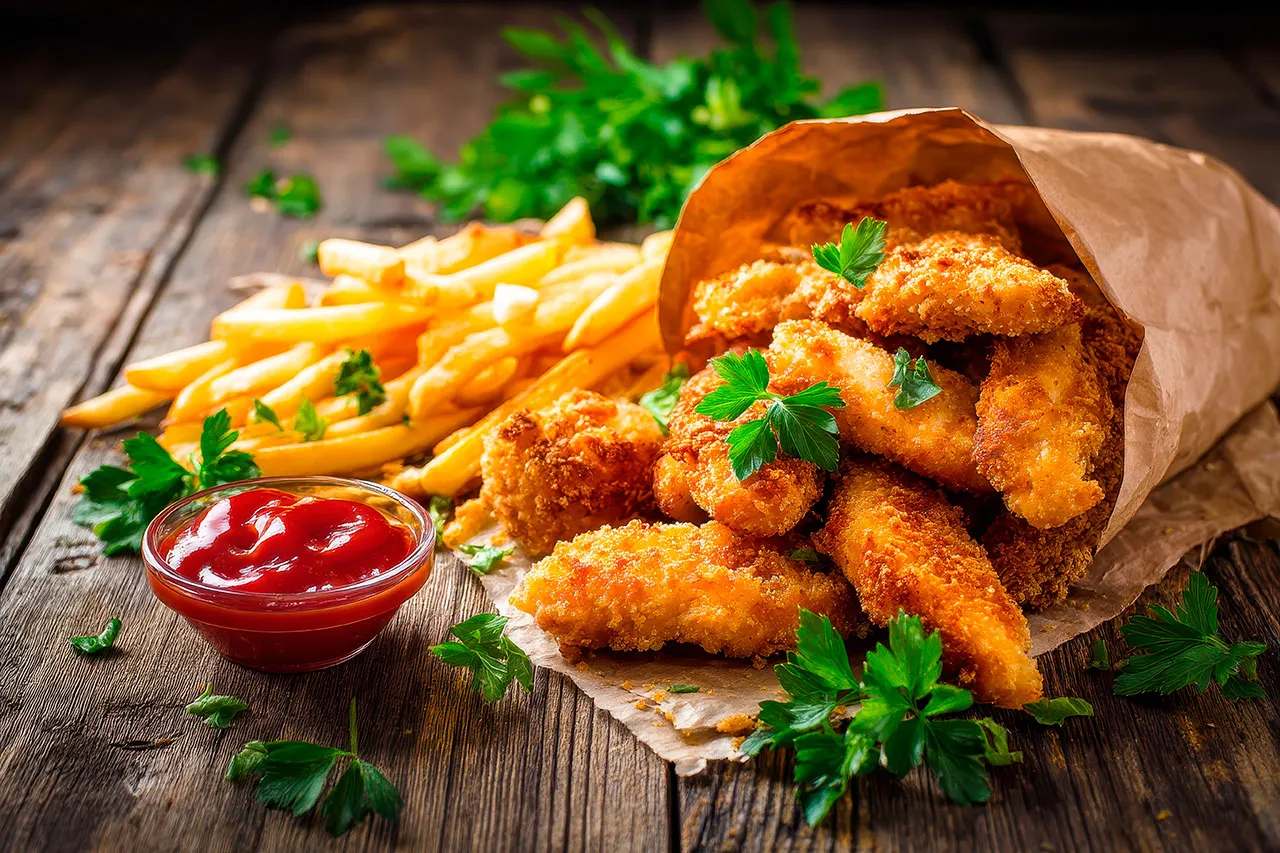 Chesse sticks with french fries and ketchup