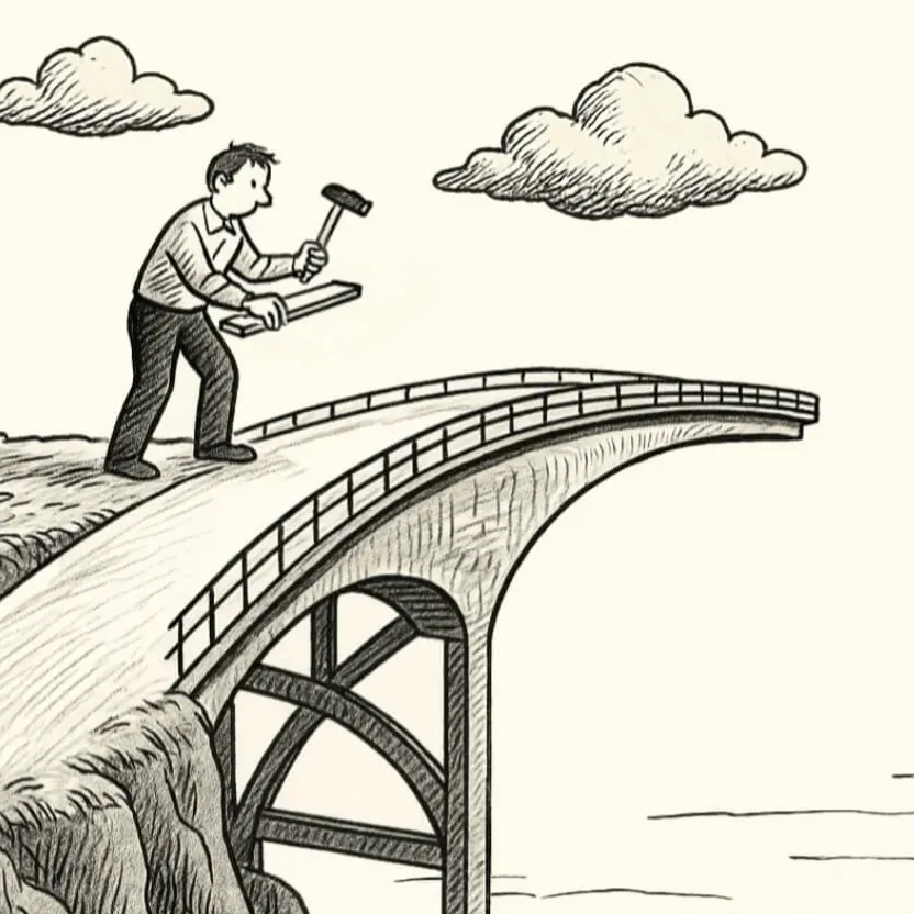 Hand-drawn scene of a man on a cliff hammering a plank onto an unfinished bridge that ends in midair above the sea, with gulls flying and clouds overhead.
