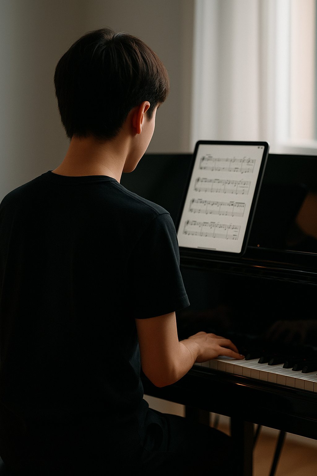 Un jeune homme vu de dos joue du piano en lisant une partition affichée sur une tablette posée sur le clavier du piano.