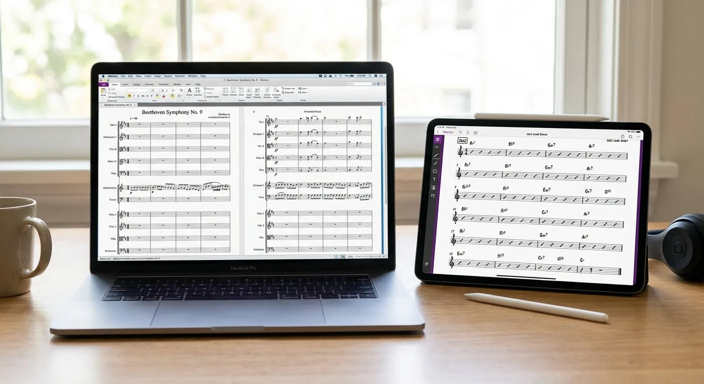楽譜作成用ソフトウェアのインターフェースを並べて表示するノートパソコンとタブレット