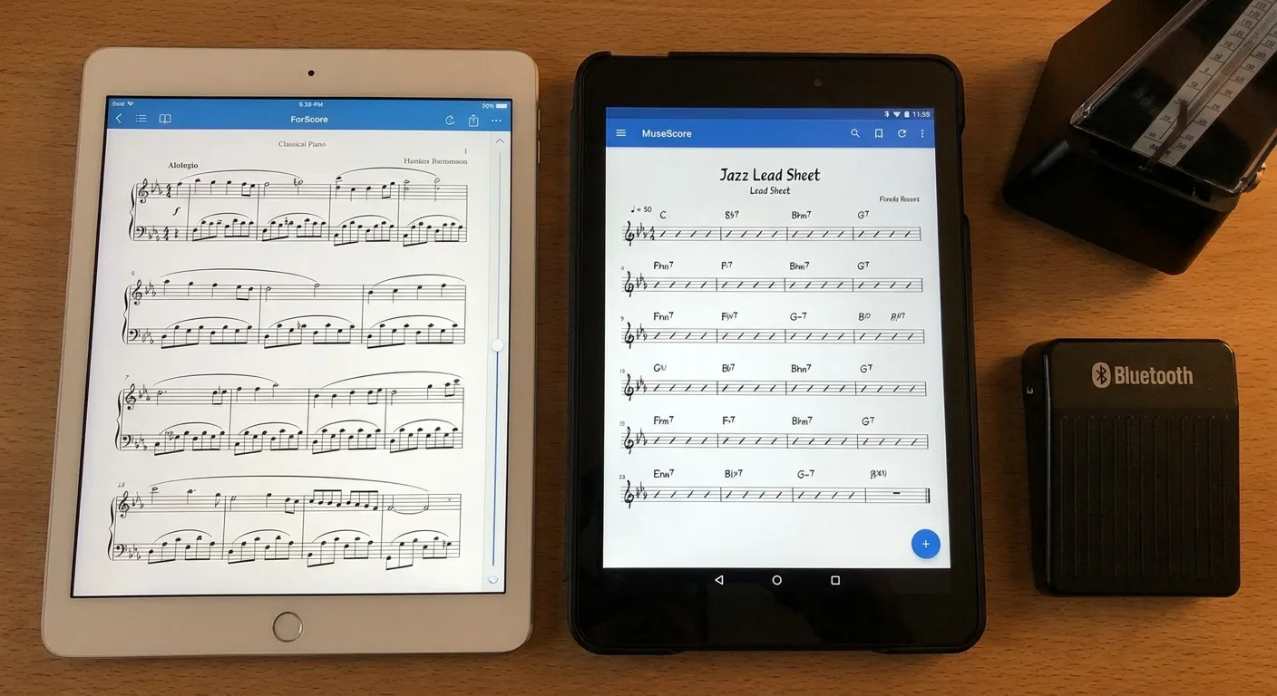 Due tablet che mostrano applicazioni per spartiti musicali con pentagrammi digitalizzati e scorrevoli.