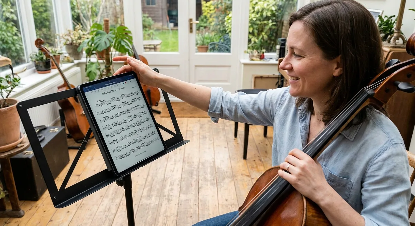 Musicista che tiene una tavoletta su un leggio su cui è visualizzato uno spartito digitale