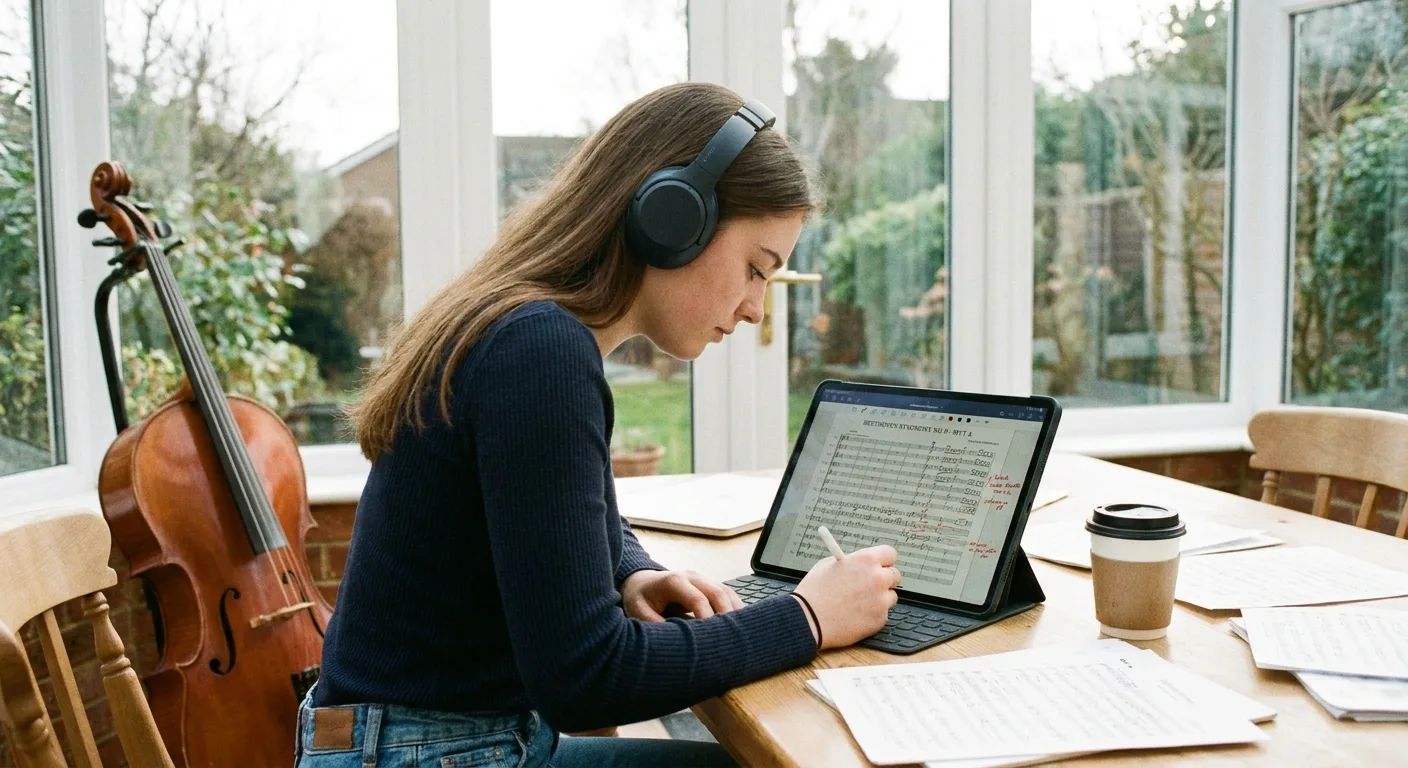 Uno studente di musica che annota uno spartito su un tablet con uno stilo