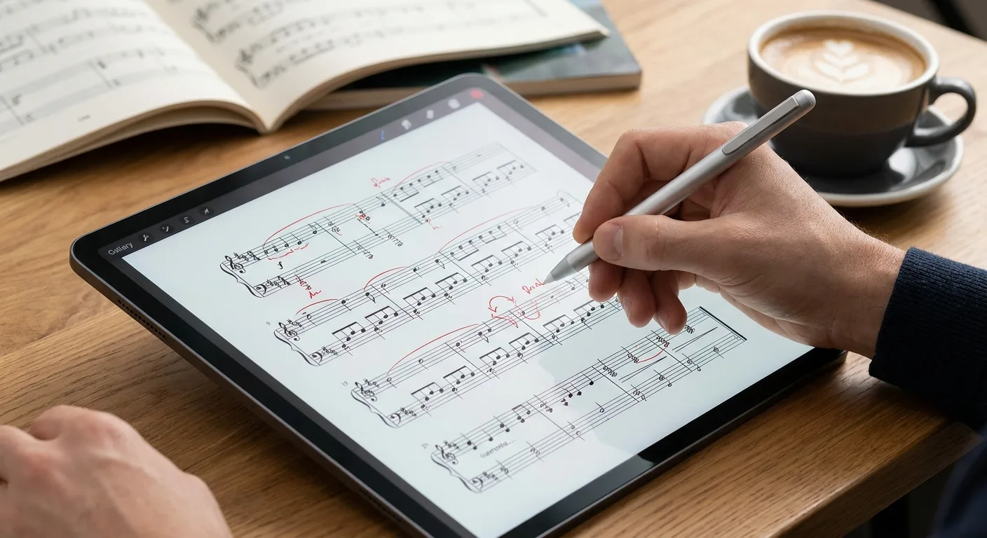 Main tenant un stylet annote des partitions sur écran tactile de tablette en gros plan.