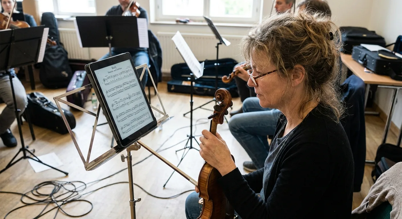 Musicien lisant des partitions numériques sur une tablette montée sur un pupitre lors d'une répétition.