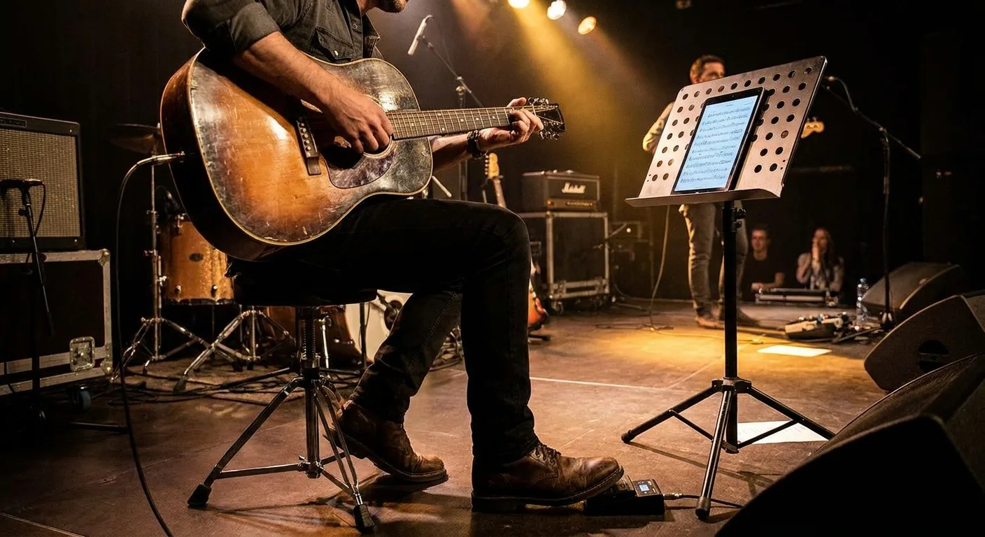 Musicien sur scène avec une tablette sur un pupitre de musique et une pédale sans fil pour naviguer sa setlist.