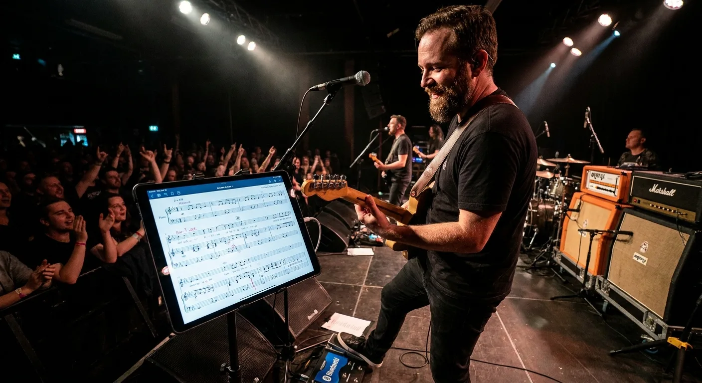 Musicien lisant une partition sur iPad fixé sur un pupitre pendant un concert en direct