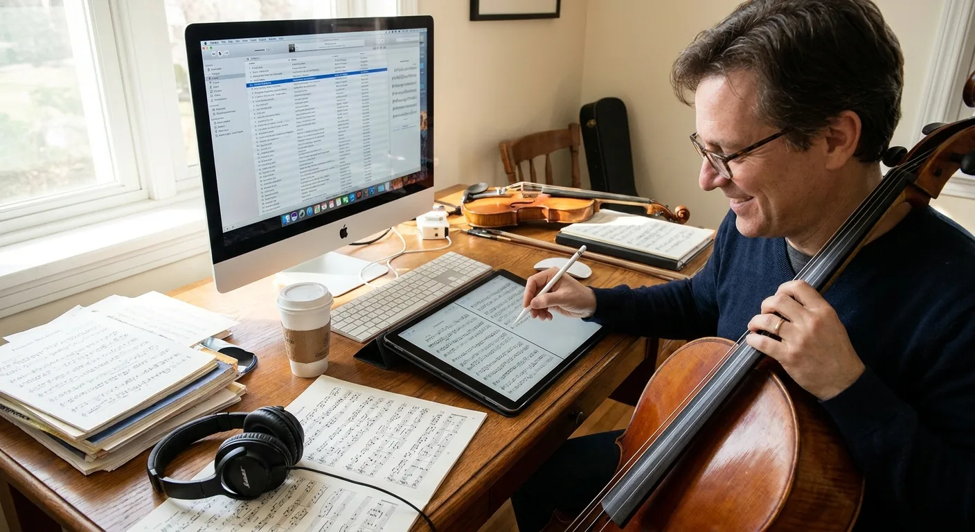 Músico que organiza sus partituras digitales en una tableta y un ordenador en un espacio de trabajo profesional