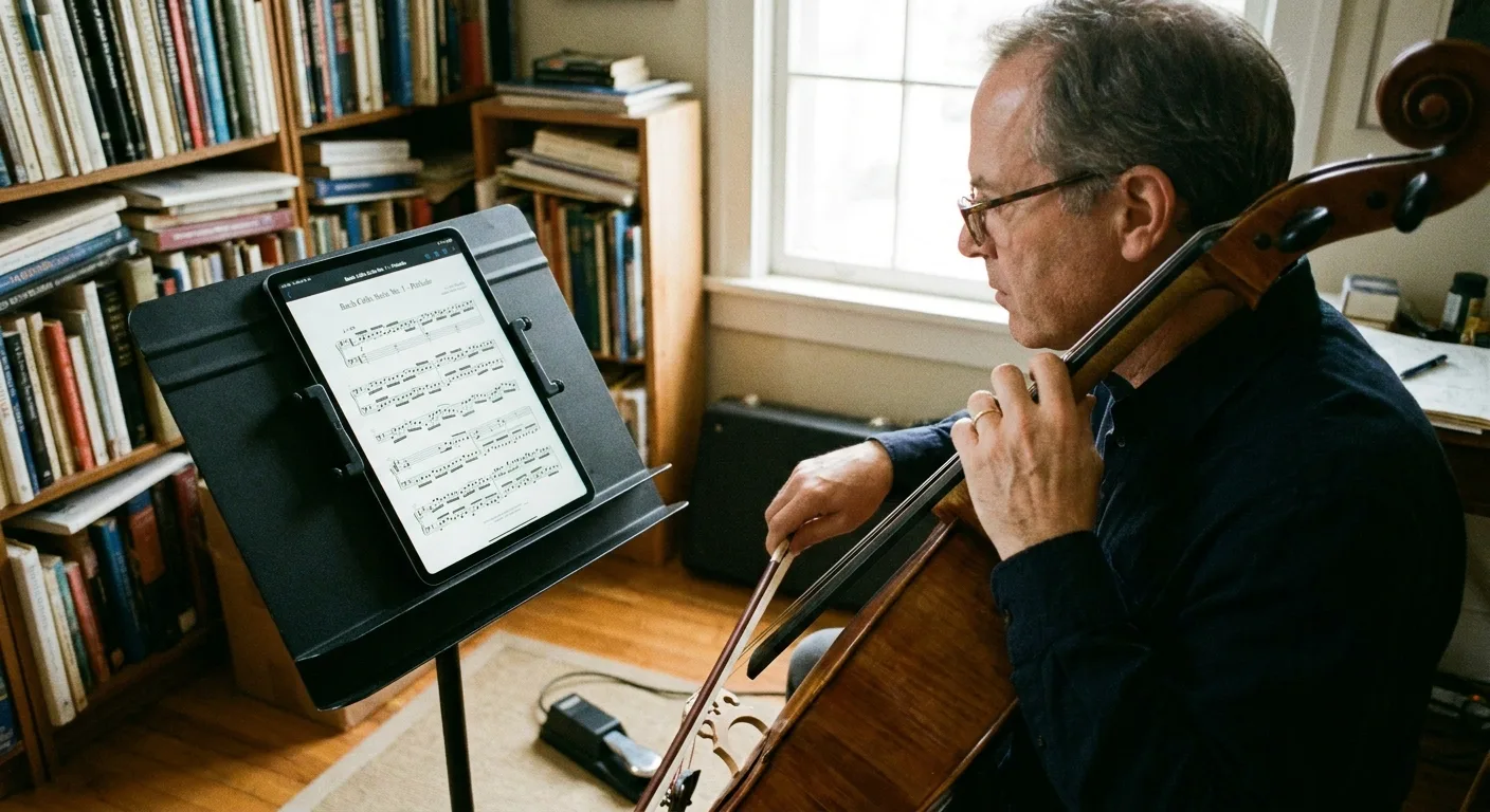 Músico que consulta partituras digitales en un iPad fijado a un atril.