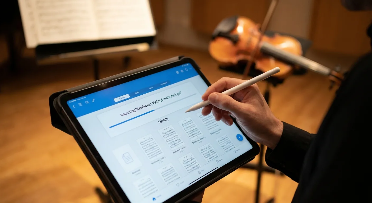 Un musicien importe un fichier PDF de partition musicale sur l'écran d'une tablette.