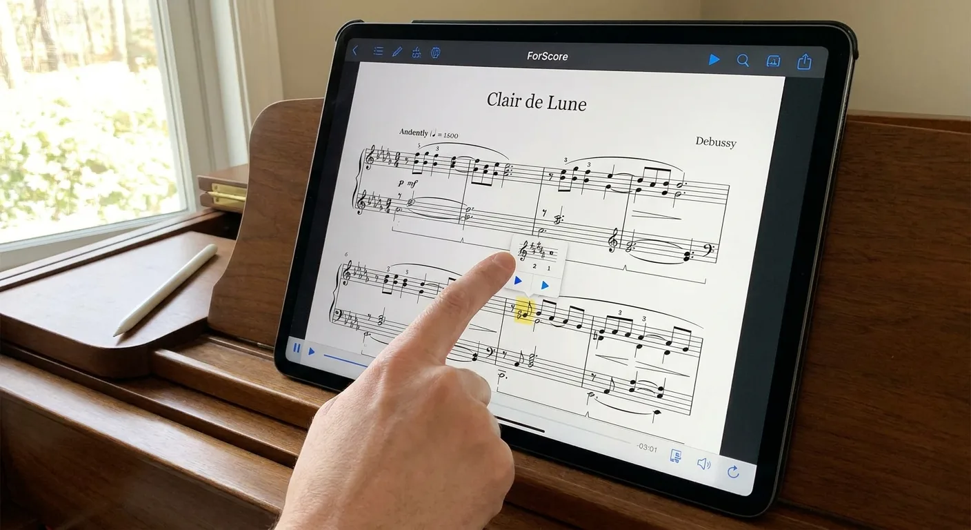 Tablette affichant une partition musicale interactive avec un doigt pointant sur une note de musique