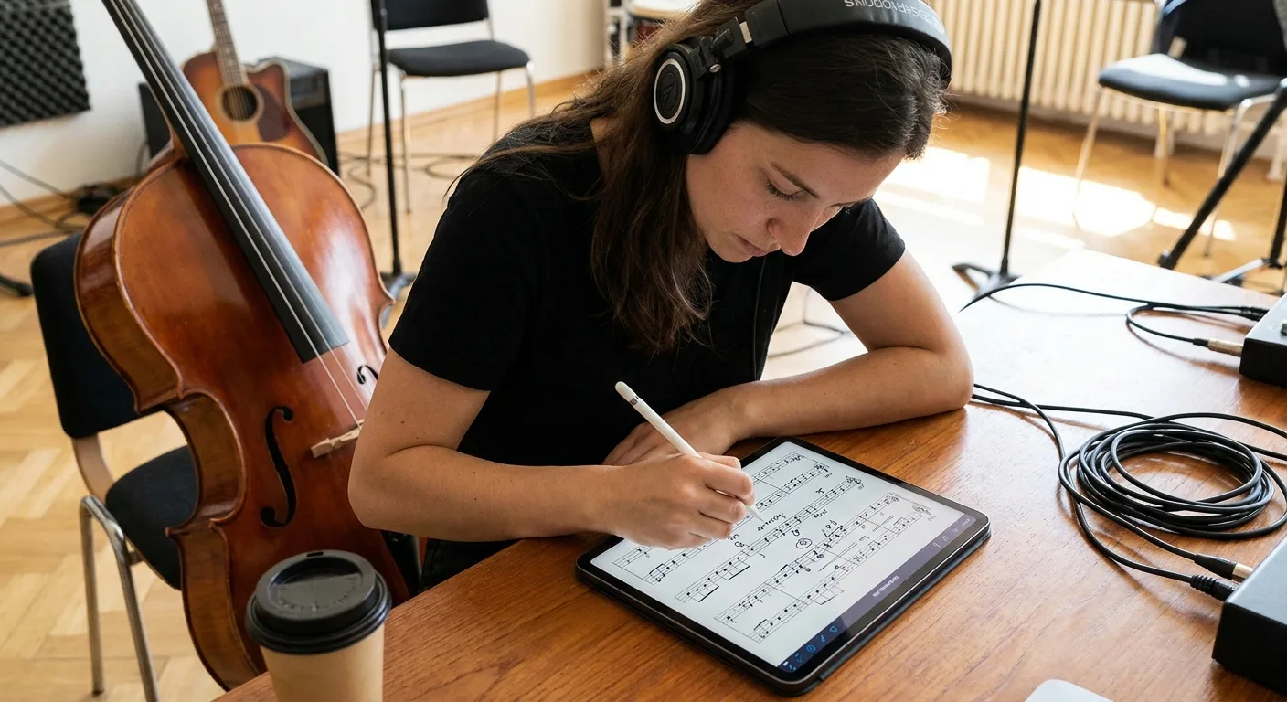Musicien annotant une partition numérique sur iPad avec un stylet Apple Pencil