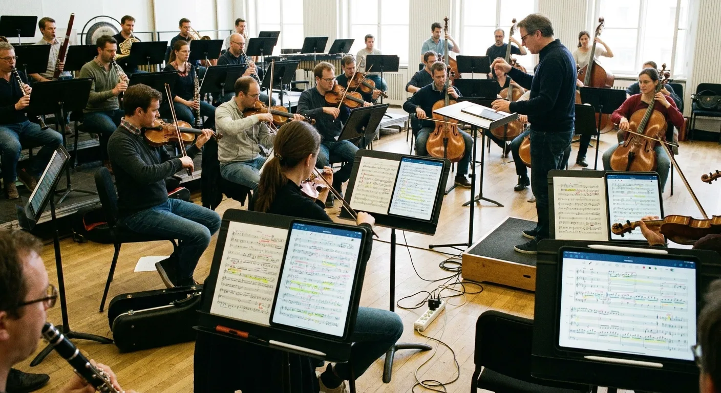 Musiciens d'orchestre consultant des partitions annotées sur tablettes lors d'une répétition