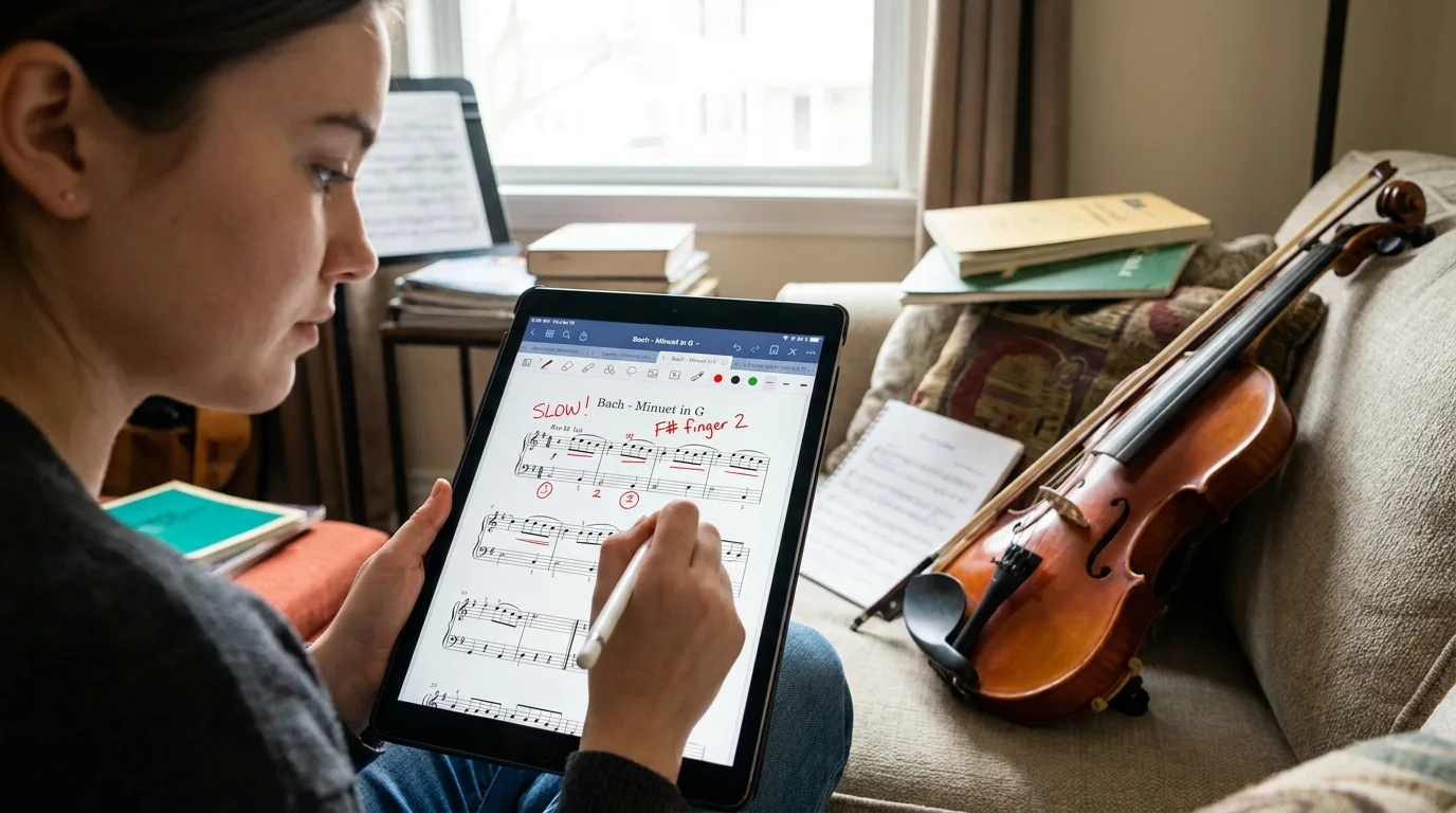 Musicien débutant annotant une partition numérique sur tablette avec un stylet