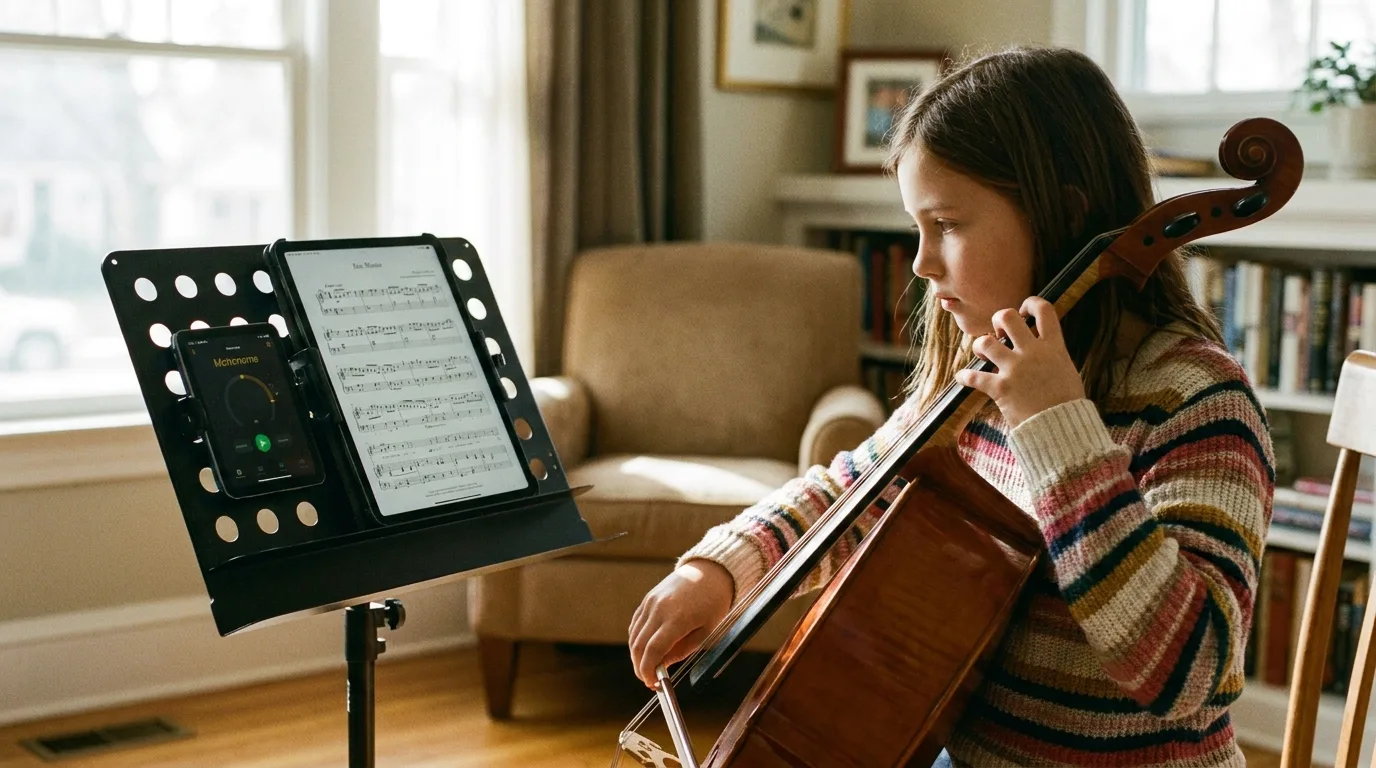 Jeune musicien débutant consultant une partition sur iPad posé sur un pupitre de musique
