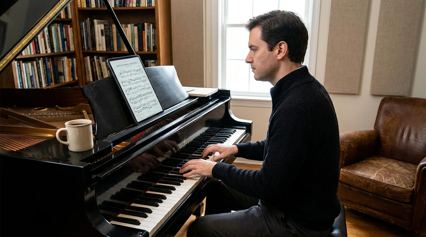 A professional pianist looking at a sheet of music on a tablet during a practice session