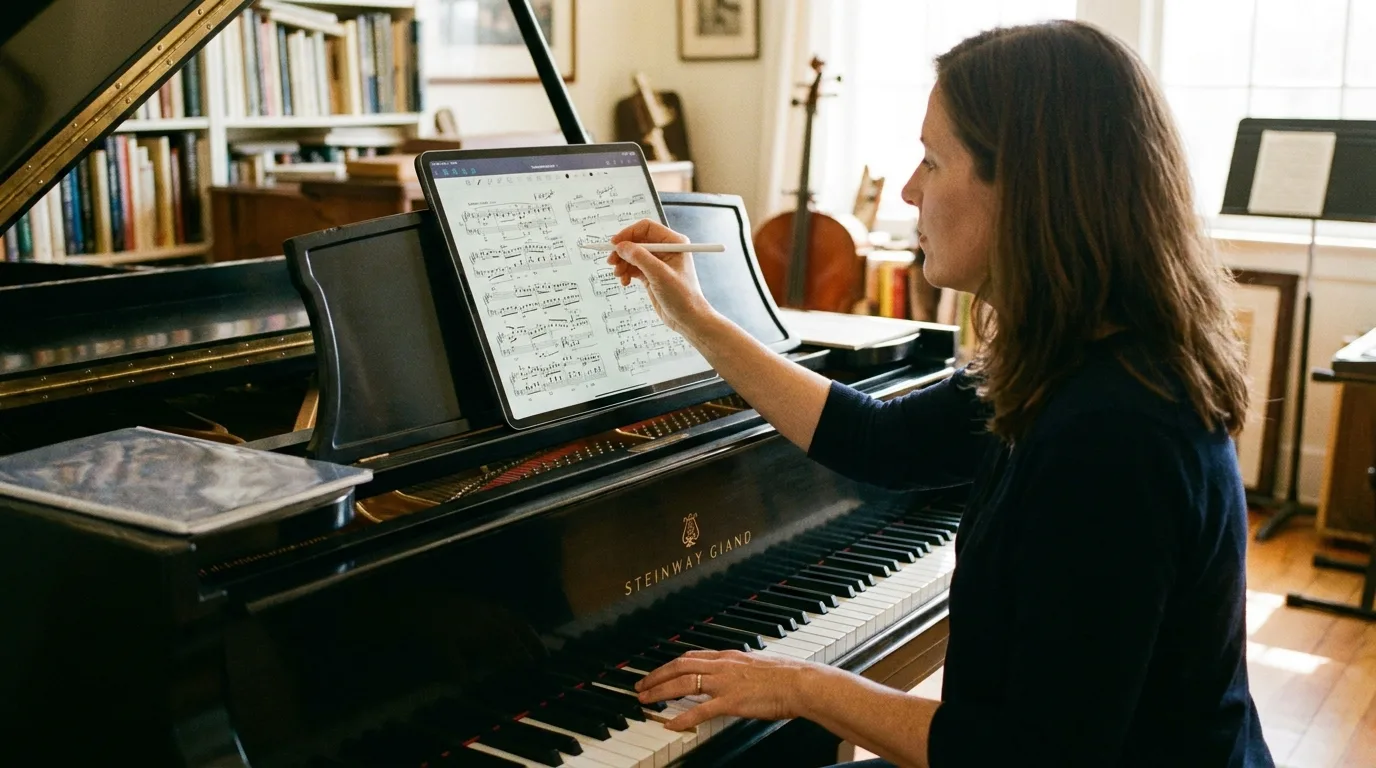 A pianist annotating a digital sheet music score on an iPad placed on a grand piano music stand
