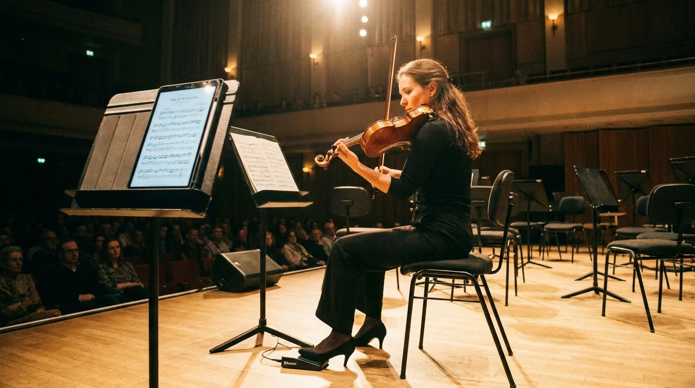 Musicista che legge gli spartiti su un tablet con un voltapagine Bluetooth in una sala da concerto