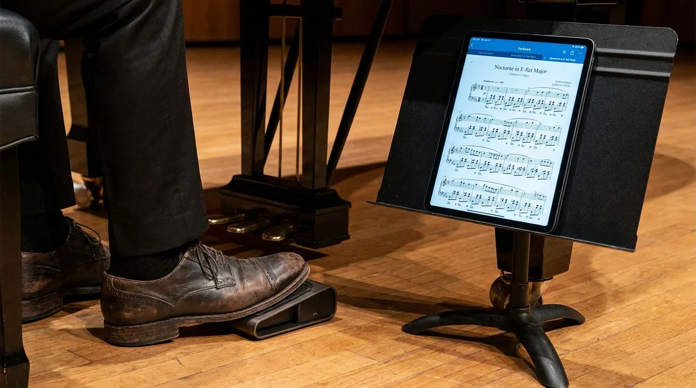 Pianista che utilizza un pedale Bluetooth per girare le pagine di un’app di spartiti su iPad