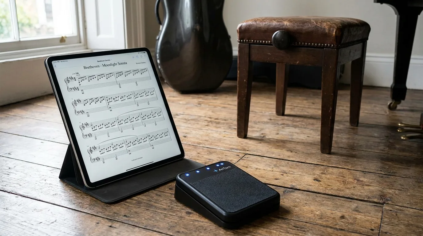 Tablet che visualizza spartiti musicali con un pedale Bluetooth wireless su un pavimento in parquet
