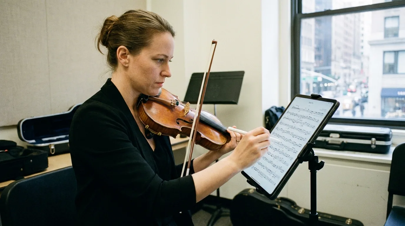 Musicista professionista che legge uno spartito su un tablet mentre tiene in mano un violino