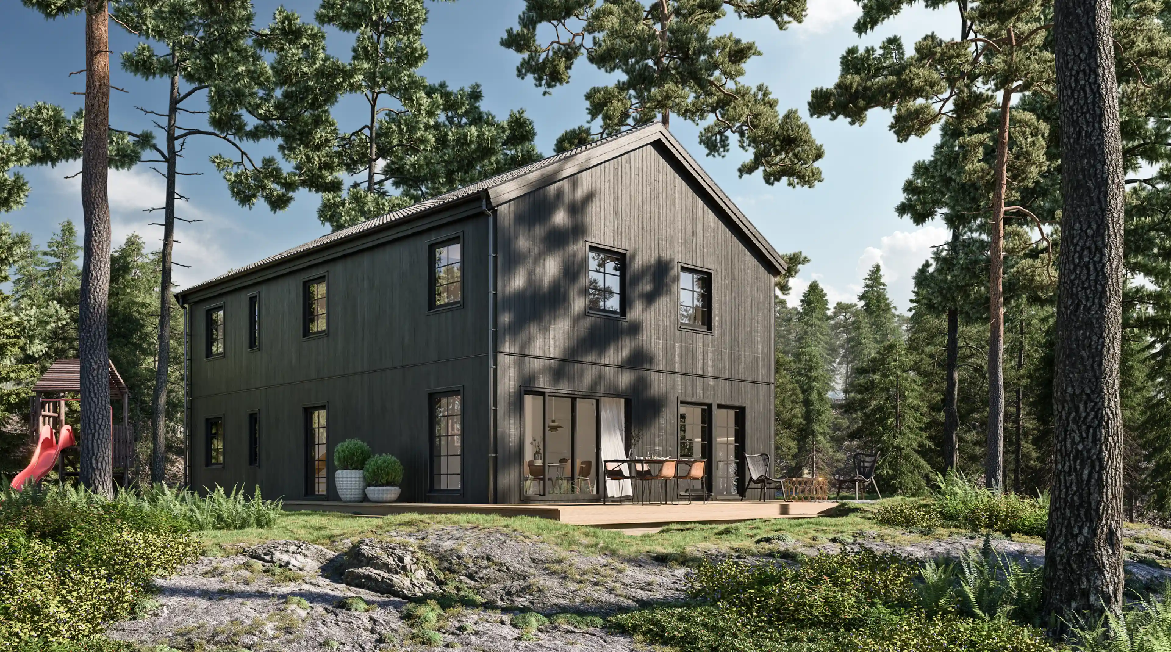 Radiance Visual. Modern two-story dark wood house with patio furniture surrounded by tall pine trees in a forest setting.