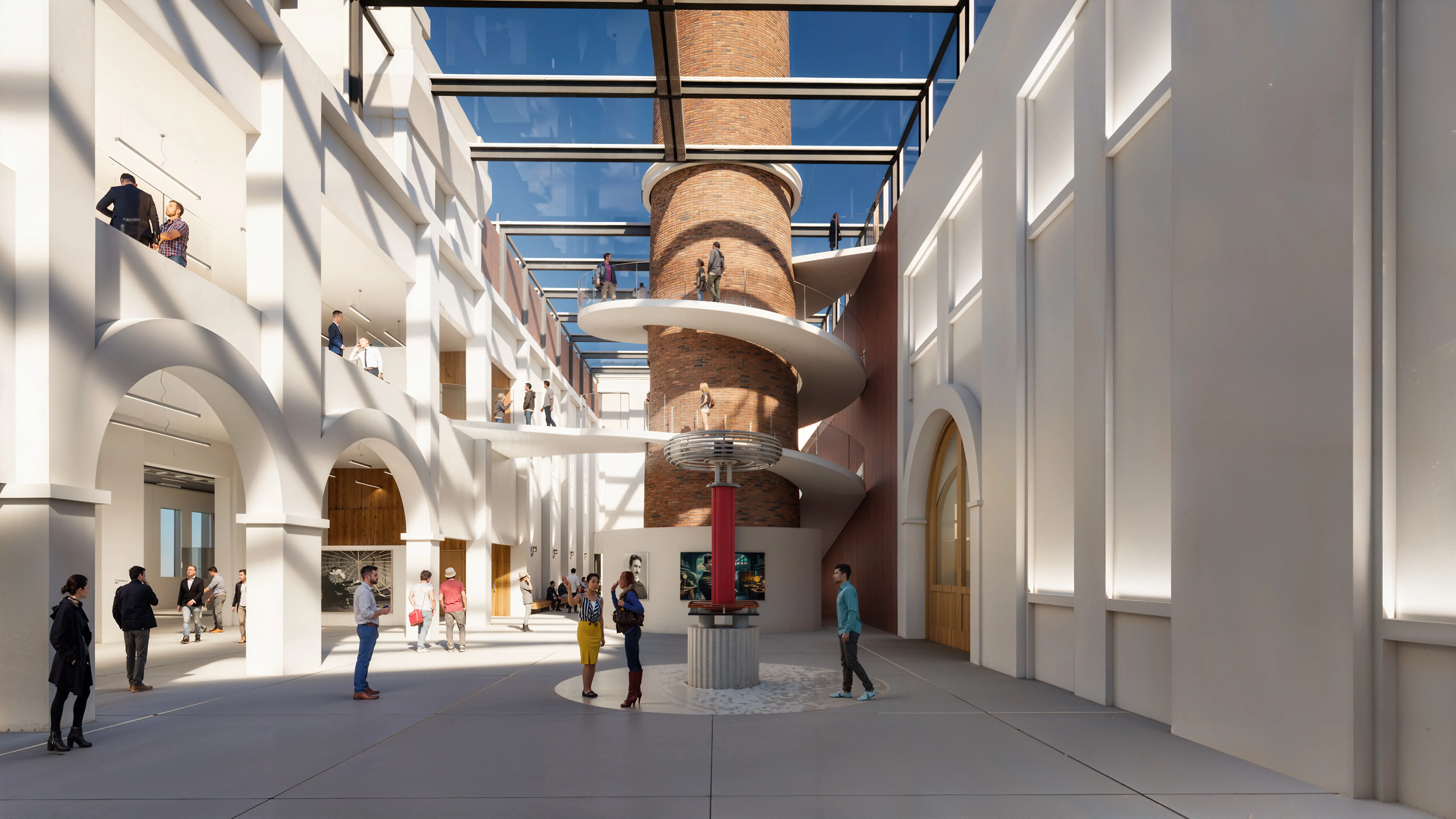 Radiance Visual. Modern indoor atrium with large brick chimney, spiral walkway around it, glass ceiling, and people walking and standing.