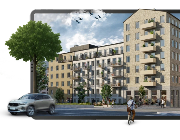 Radiance Visual. Modern residential building with balconies, people walking and biking nearby, car on the street, and a tree under a partly cloudy sky with birds flying.