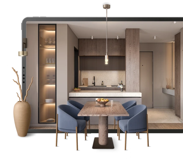 Radiance Visual. Modern kitchen and dining area with a wooden table, four blue upholstered chairs, a pendant light, and tall cabinet with ambient lighting.