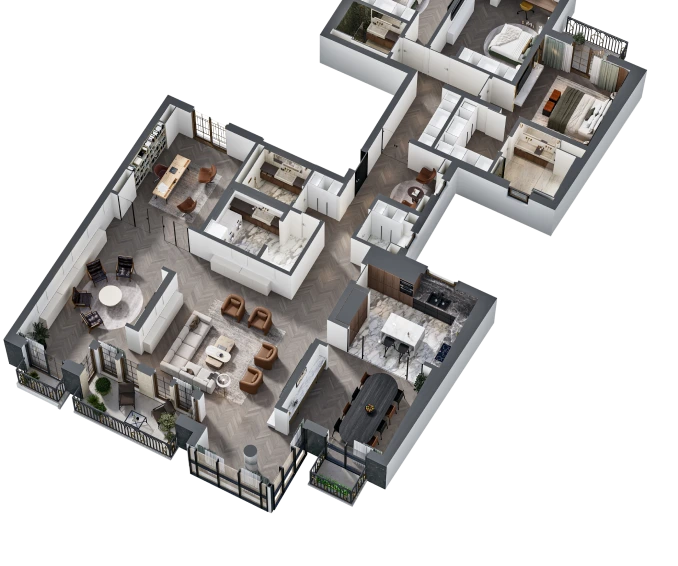 Radiance Visual. 3D floor plan showing a multi-room apartment including living room with sofas and chairs, dining area, kitchen, two bedrooms, bathrooms, and a balcony with outdoor seating.