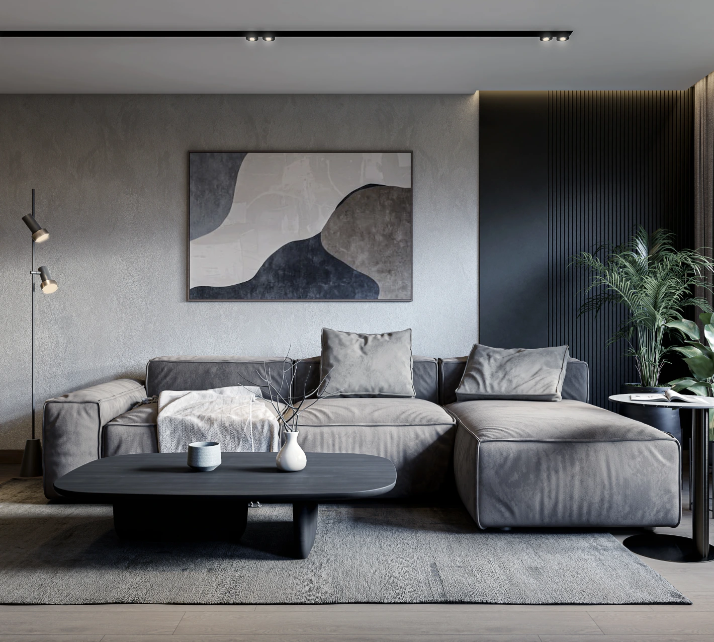 Radiance Visual. Modern living room with a gray sectional sofa, black coffee table, abstract wall art, and indoor plants.