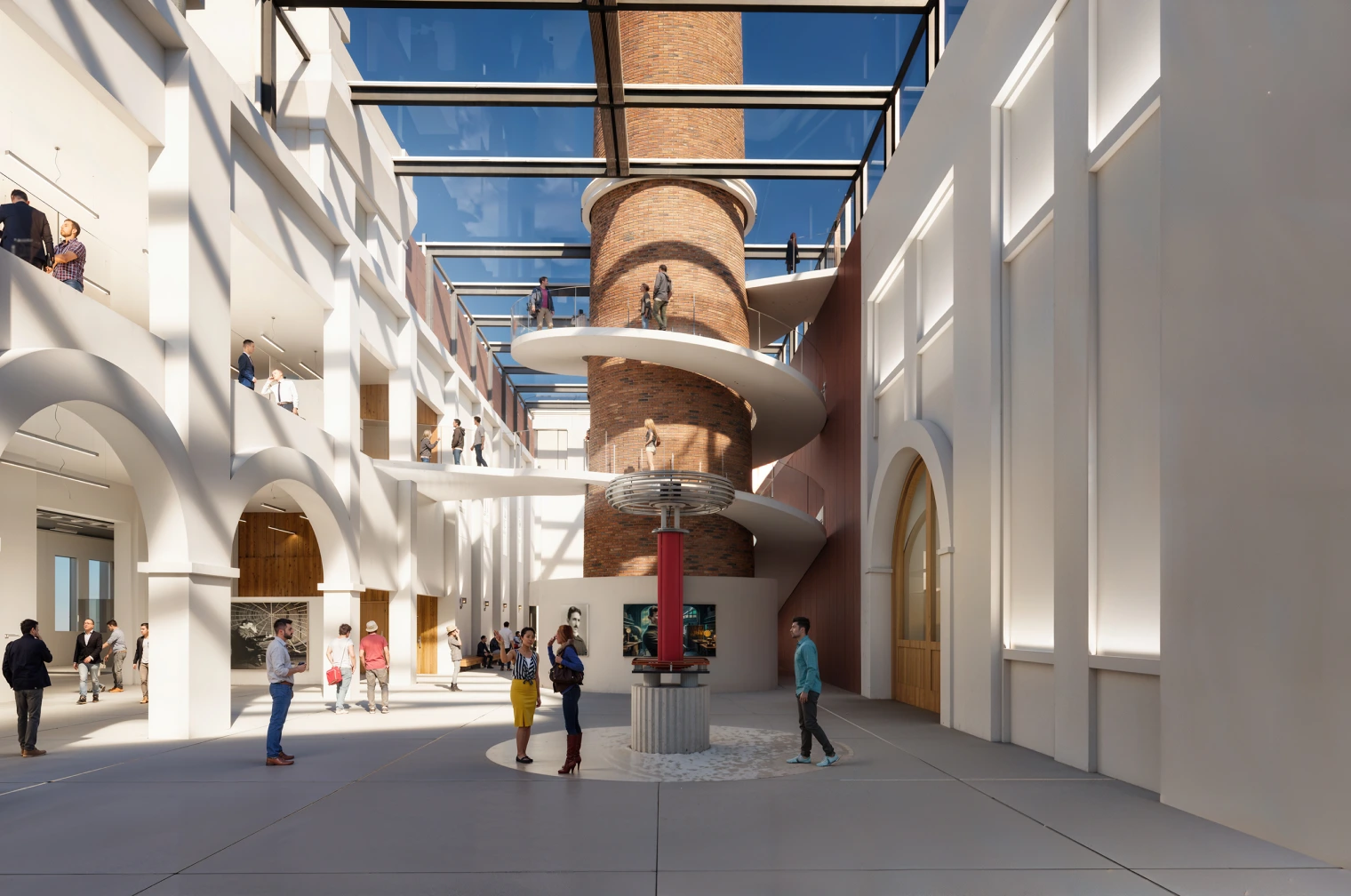 Radiance Visual. Bright spacious modern indoor atrium with a central brick tower and spiral walkway, featuring people walking and interacting under a glass ceiling.