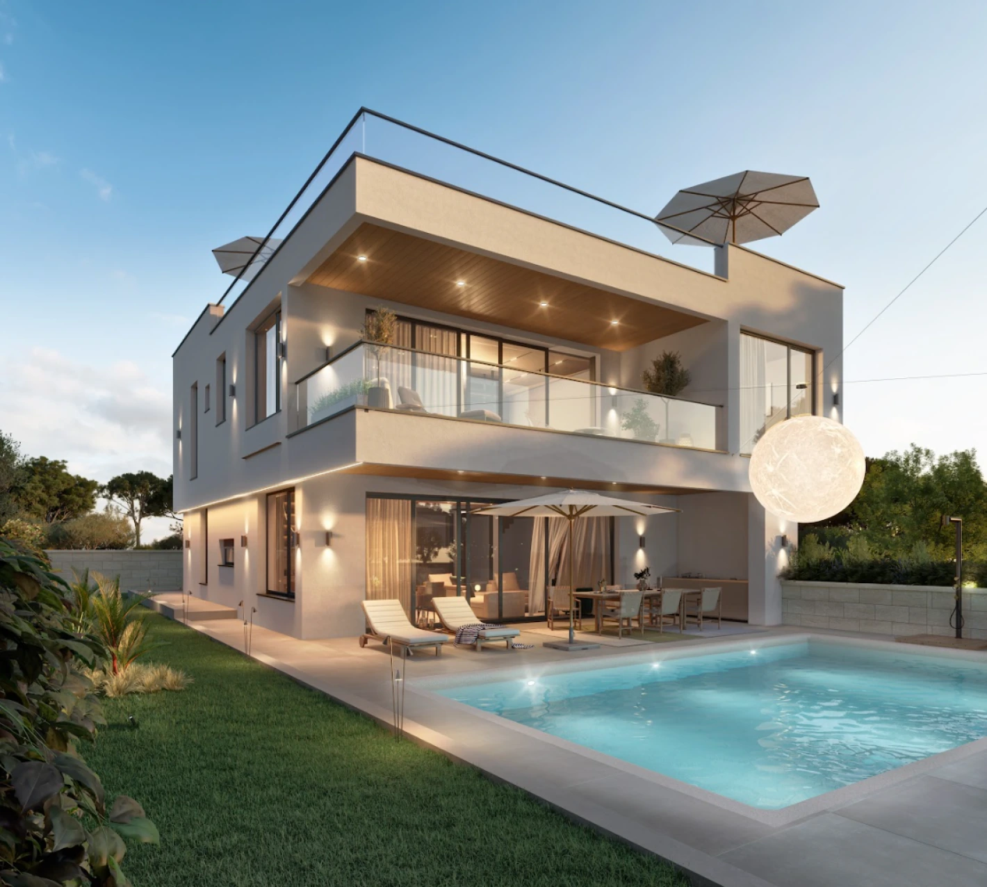 Radiance Visual. Modern two-story house with a balcony, outdoor seating, umbrellas, and a lit swimming pool in the backyard at dusk.