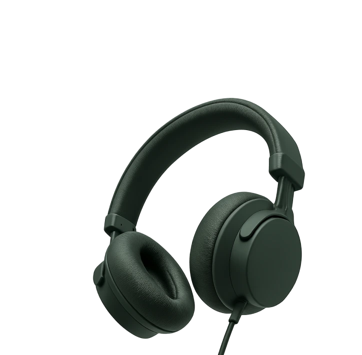Radiance Visual. Dark green wired over-ear headphones with cushioned ear pads and padded headband.