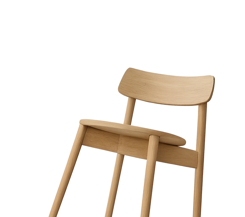 Radiance Visual. Minimalist wooden chair with curved backrest and round legs, shown from a low angle on a transparent background.