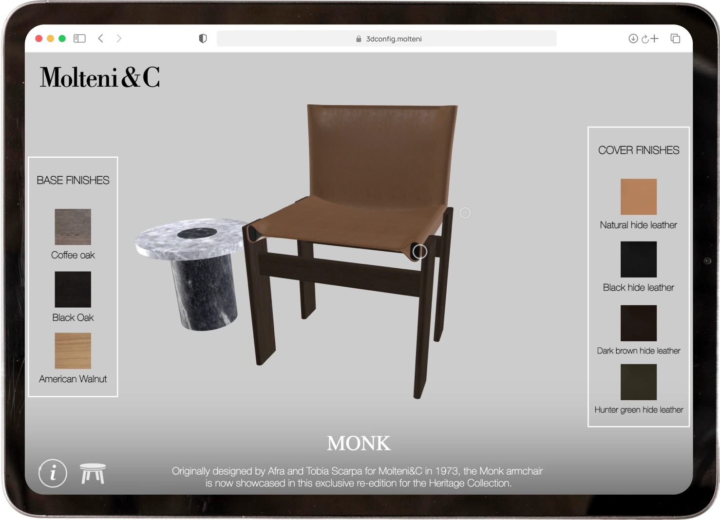 Radiance Visual. 3D configurator screen showing a Monk armchair with a brown leather cover and dark wooden base, options for base finishes including coffee oak, black oak, and American walnut, and cover finishes including natural hide, black hide, dark brown hide, and hunter green hide leather.