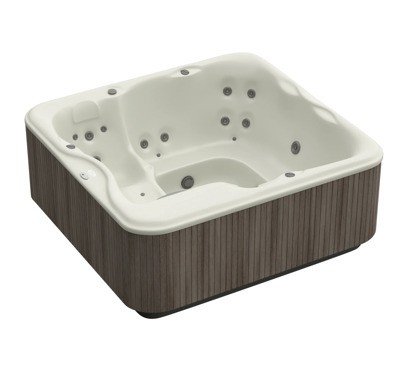 Radiance Visual. Square hot tub with white interior and dark wood-like exterior paneling, featuring multiple jet nozzles inside.
