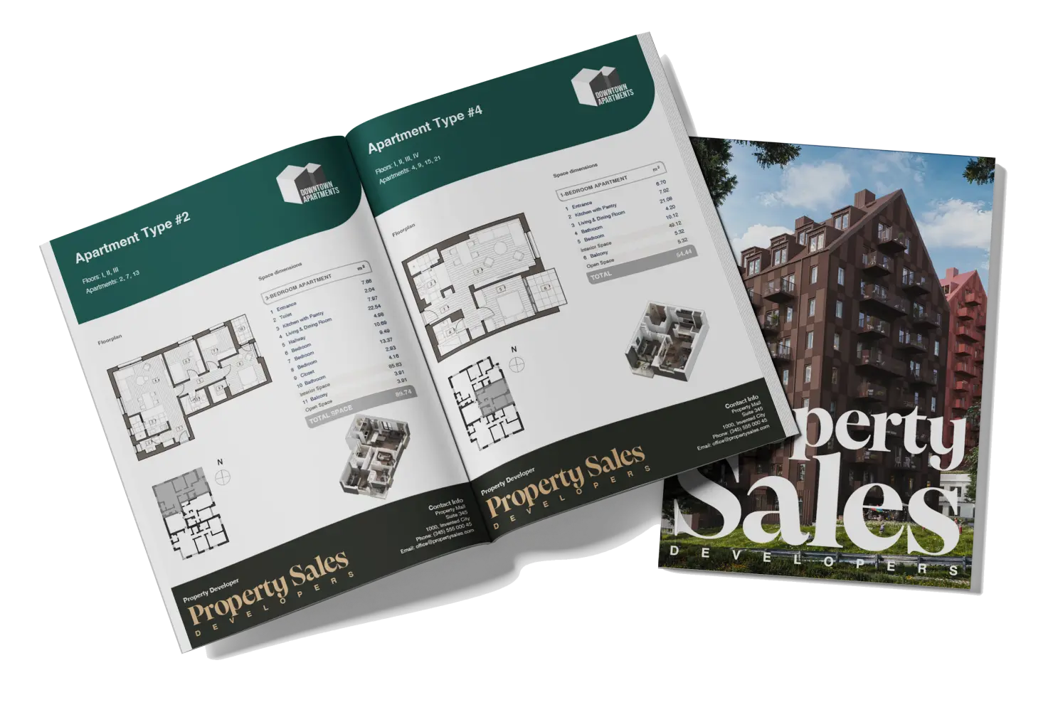 Radiance Visual. Open real estate catalog showing floor plans and space dimensions for two apartment types, alongside an exterior image of a modern apartment building.