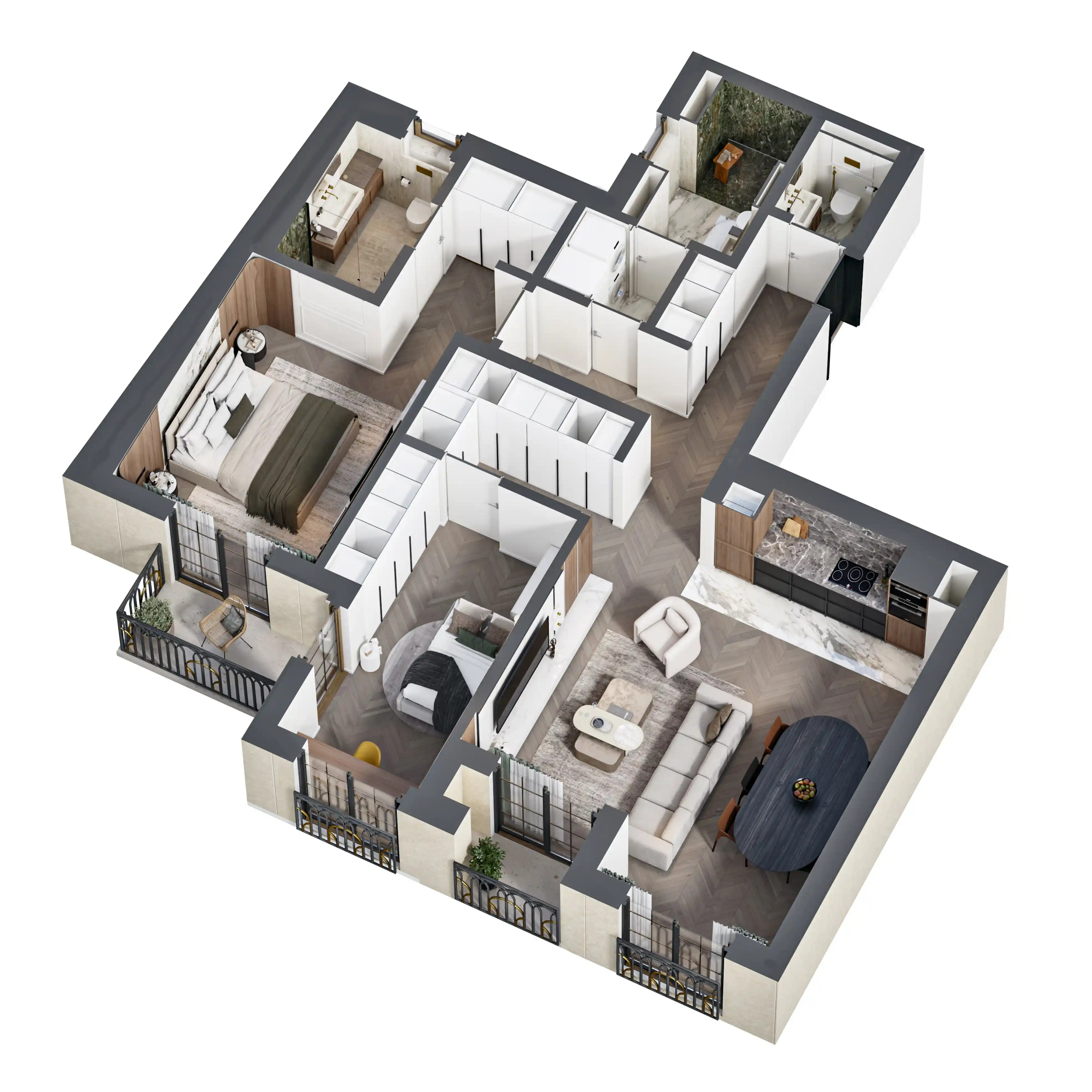 Radiance Visual. 3D floor plan showing a modern apartment with two bedrooms, a living room, dining area, kitchen, two bathrooms, and three balconies.